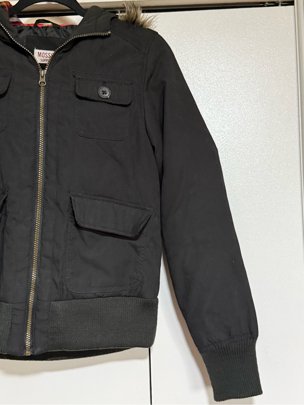 Mossimo Supply Co Black Faux Fur Hood Plaid Lined Utility Bomber Jacket Medium - Picture 4 of 14